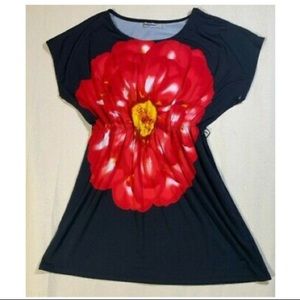 Short Sleeve Capped Black Dress Red Flower